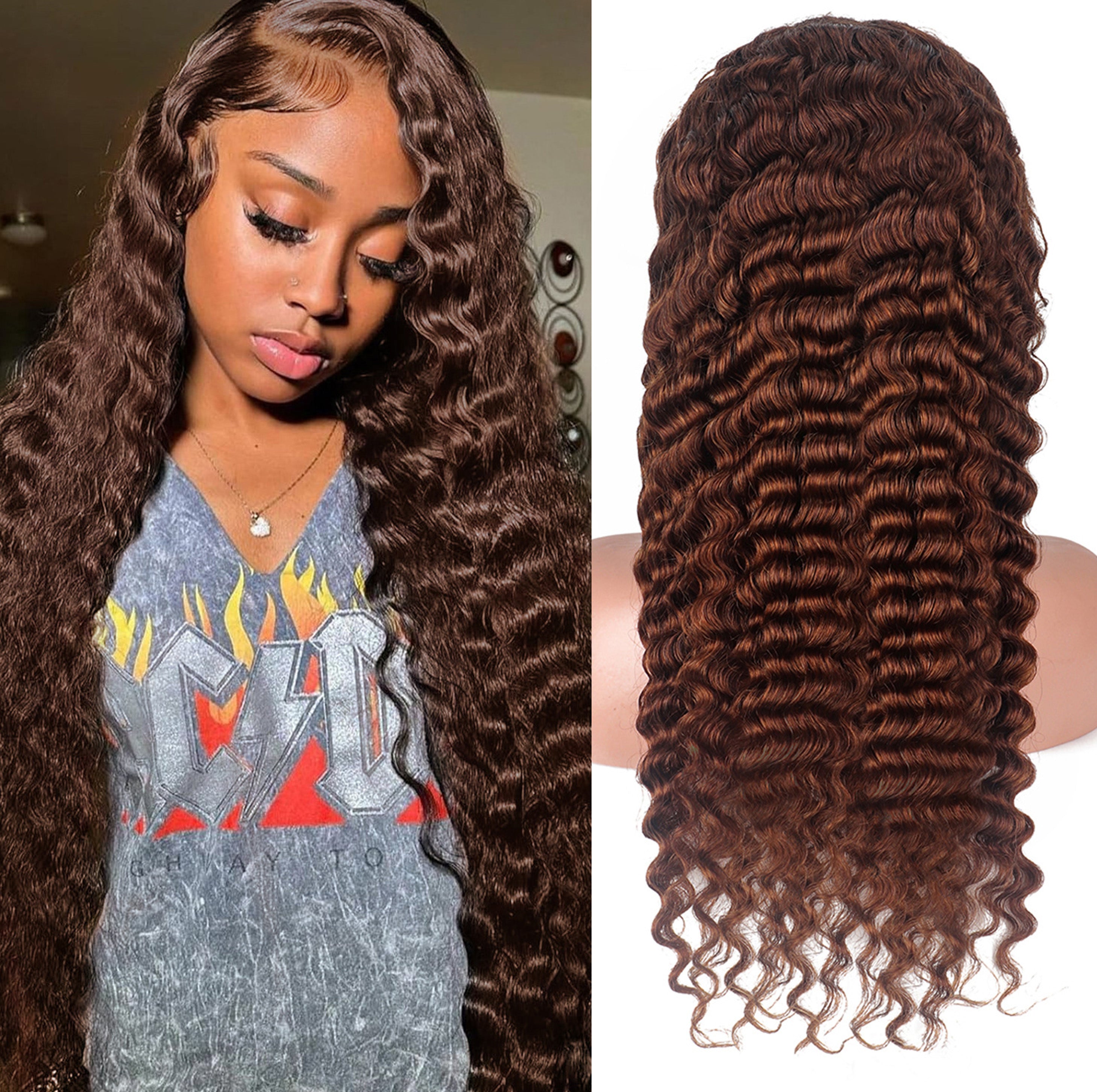 Deep wave Dark Brown Lace Front Wig-100%Human Hair